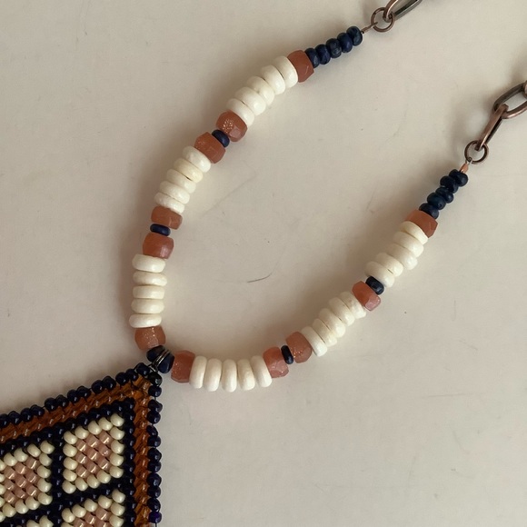 Sunstone and bone bead tribal pendant necklace in cream, royal blue - Picture 3 of 7